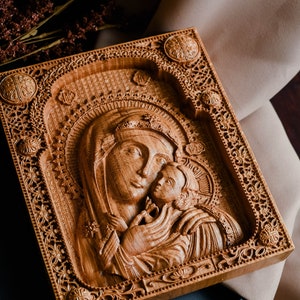 Virgin Mary and Baby Jesus Wooden carvedcatholic art wall art orthodox  Icon engraved icon christmas decoration TAX FREE