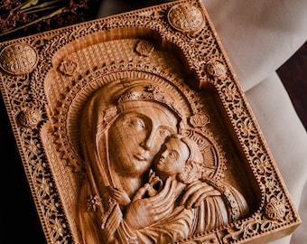 Virgin Mary and Baby Jesus Wooden carvedcatholic art wall art orthodox  Icon engraved icon christmas decoration