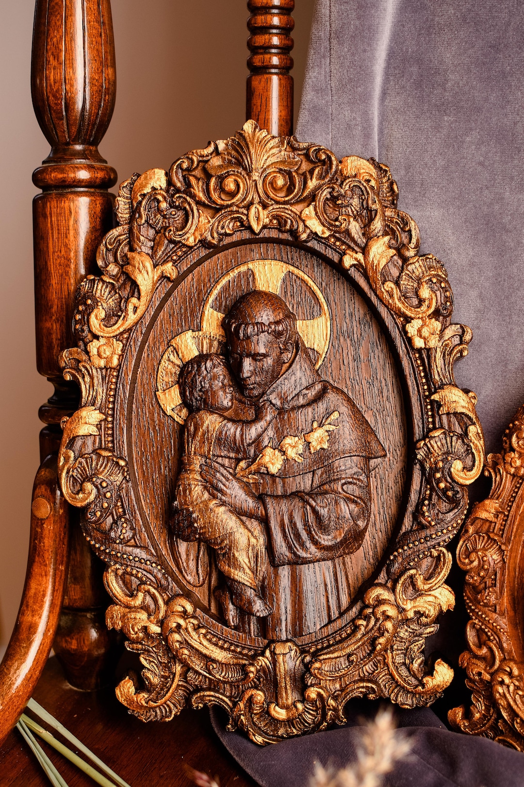 Saint Anthony Wood Carved Christian Icon Religious Wall Hanging