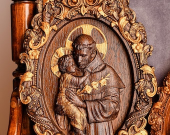 Saint Anthony Wood Carved Christian Icon Religious Wall Hanging