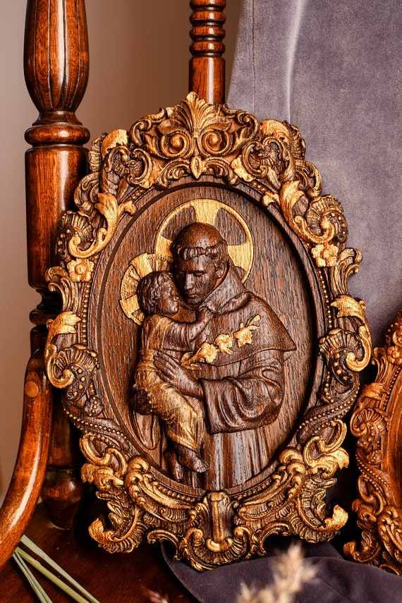 Saint Anthony Wood Carved Christian Icon Religious Wall Hanging 