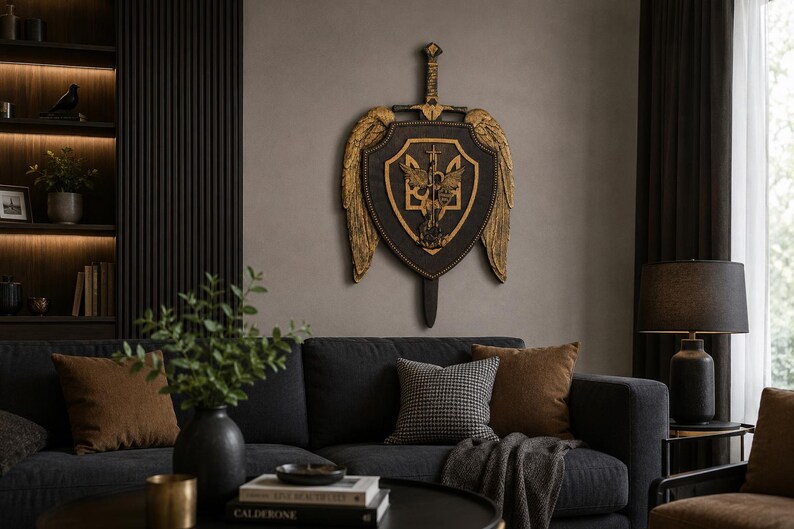 May include: A wall-mounted decorative piece featuring a black shield with gold-colored wings and a central gold trident emblem. A sword is positioned vertically behind the shield, with the hilt extending above and the blade tip visible below.