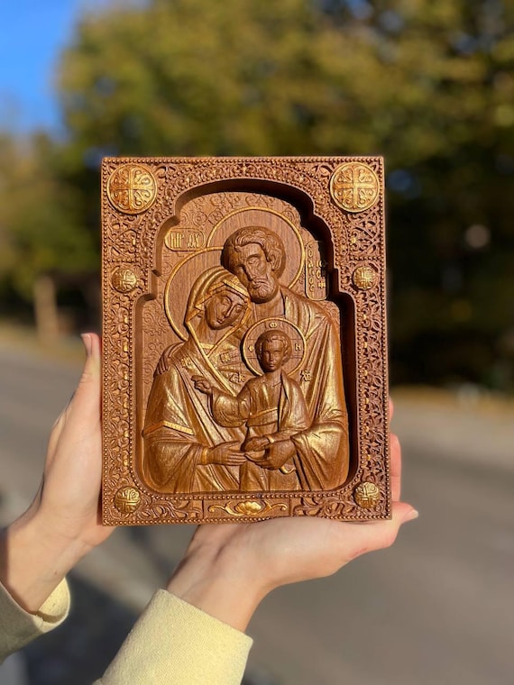 Personalized Holy Family Icon: Carved Oak Wood Catholic Wall Art