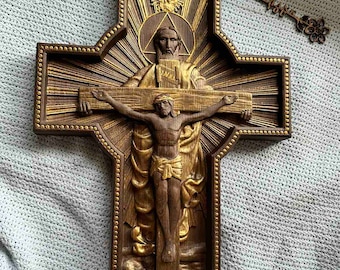 Targa da parete in legno della Santissima Trinità intagliata a mano - Decorazione religiosa per la casa personalizzata, XS-XXL, esente da tasse