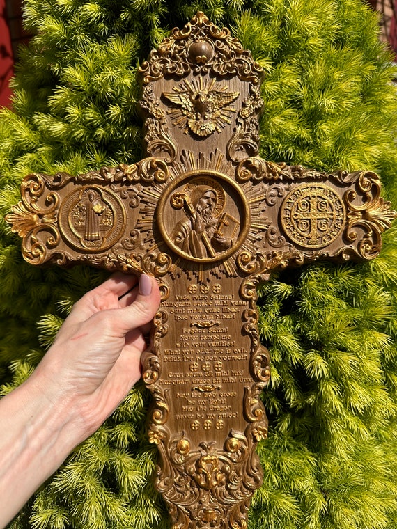 Handcarved Oak St. Benedict Exorcism Cross: Catholic Wall Decor
