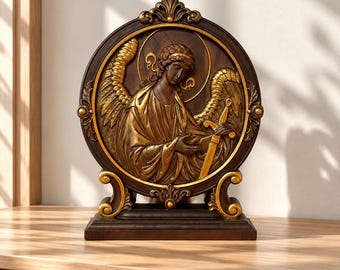 Angel Wooden Wall Art, 7x9'', Hand Carved Angel Decor, Christian Home Decor, Gold Accent Angel, Spiritual Gift, Wood Relief