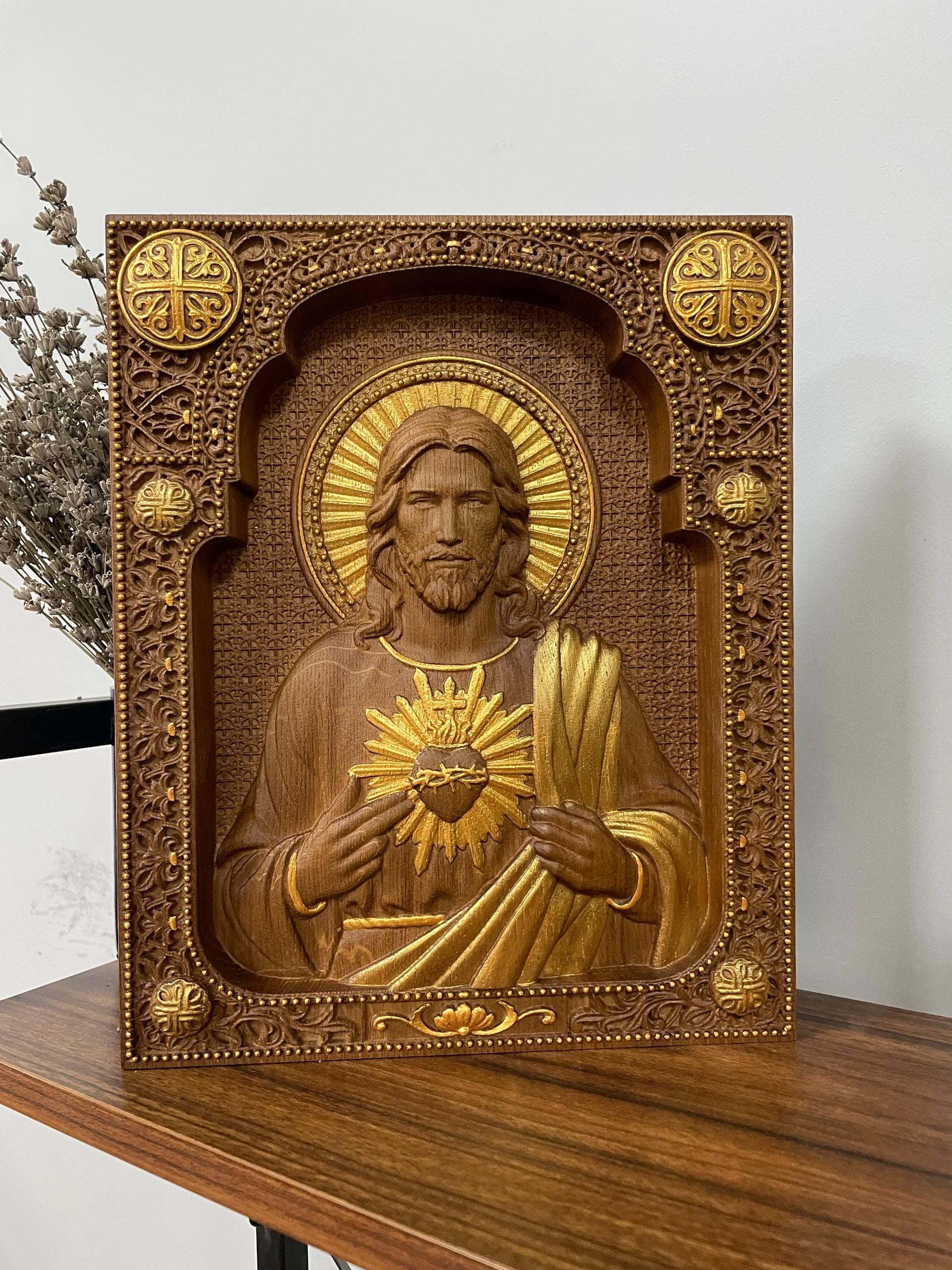 Buy Sacred Heart of Jesus Wood Carving: Engraved Catholic Icon