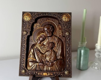 Holy Family Wooden Icon with Stand, 6x7 Inch Jesus Mary Joseph, Christian Home Decor, Catholic Gift, Family Blessing