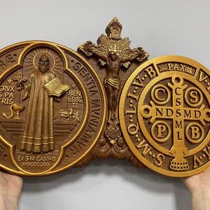 Wood Carved St Benedict Exorcism Cross: Christian Icon, Personalized Decor XS-XXL, TAX Free Brown