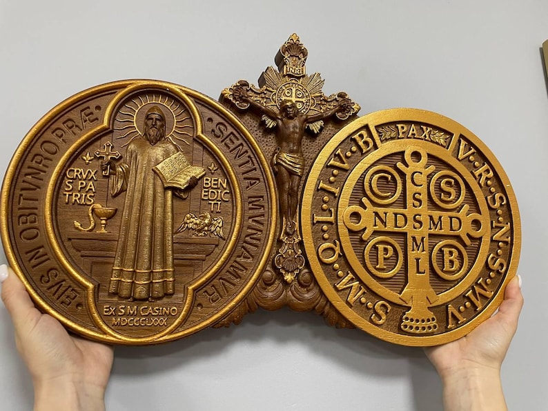 Wood Carved St Benedict Exorcism Cross: Christian Icon, Personalized Decor XS-XXL, TAX Free Brown