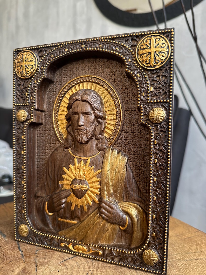 Sacred Heart of Jesus Wooden Carved Christian Decor Wall Hanging
