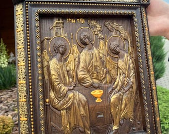 Icono de la Santísima Trinidad de madera: Decoración religiosa para el hogar tallada en roble