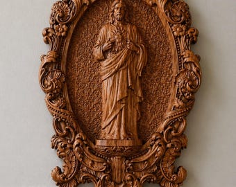 Icona in legno del Sacro Cuore di Gesù, intagliata a mano in quercia, decorazione murale cattolica religiosa per la casa, targa regalo cristiana personalizzata
