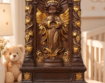 Praying Angel Statue, 6x9'', Hand Carved Wooden Angel, Gold Angel Figurine, Christian Home Decor, Religious Gift, Freestanding Angel Art