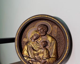 Hand Carved Holy Family Icon, 8.5'',  Wooden Wall Art, Catholic Religious Decor