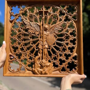 Archangel Michael Wood Carving - St Michael Wall Art, Christian Home Decor, Religious Gift, Oak Wood Decor Natural oak
