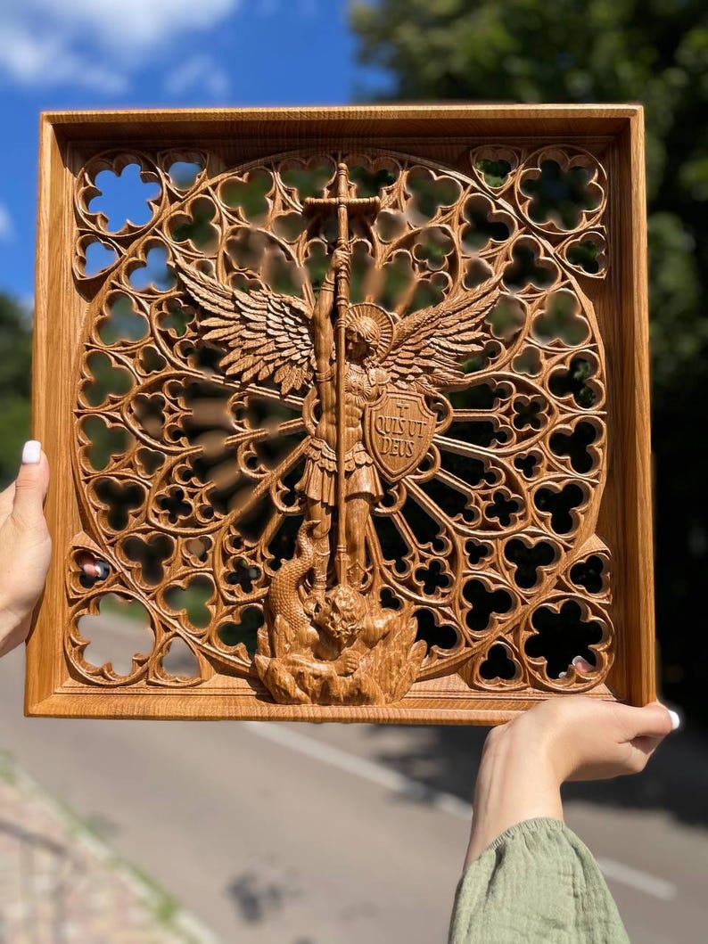 Archangel Michael Wood Carving - St Michael Wall Art, Christian Home Decor, Religious Gift, Oak Wood Decor Natural oak