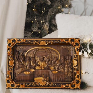 Last Supper Oak Wood Carving, Religious Icon, Christian Gift image 1