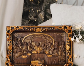 Last Supper Oak Wood Carving, Religious Icon, Christian Gift