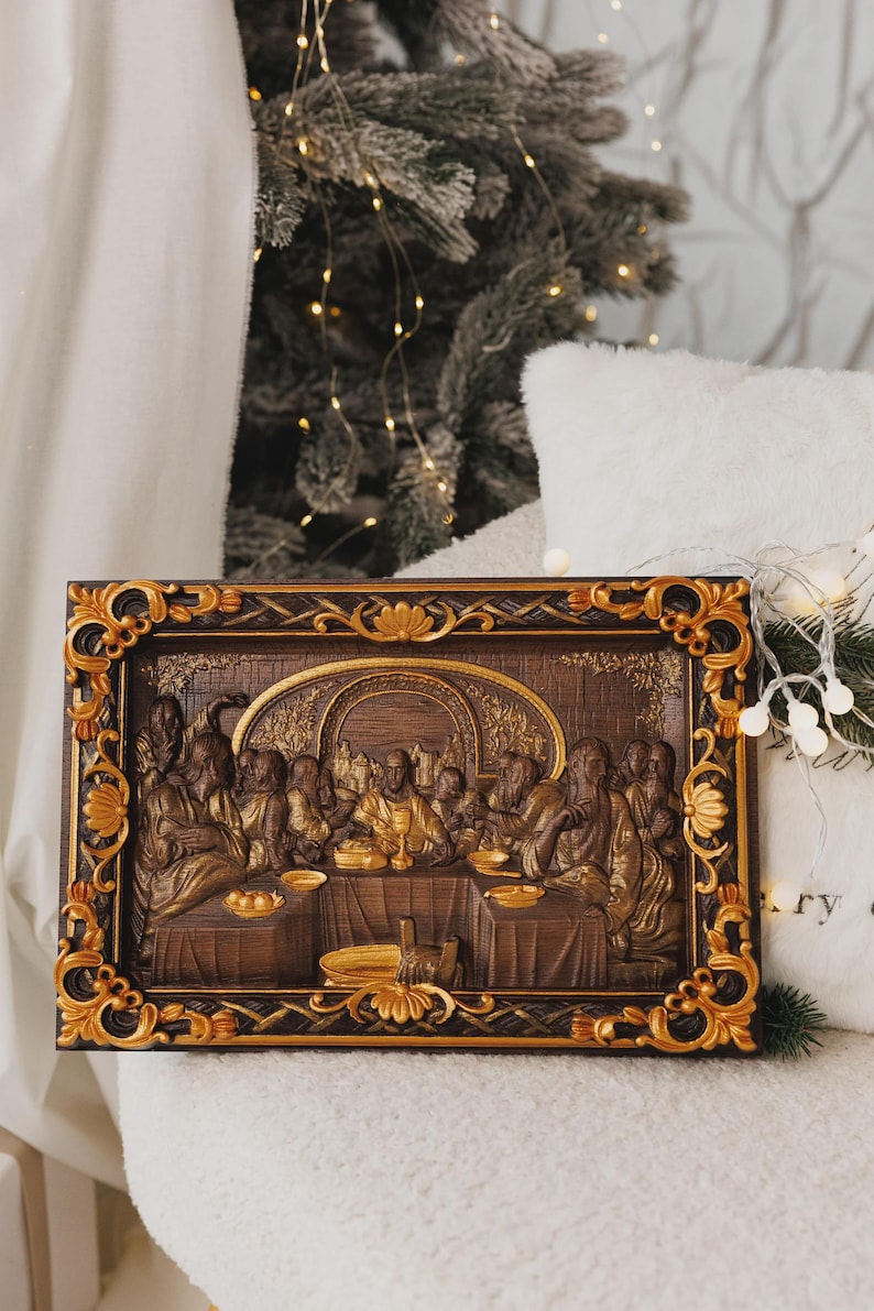Last Supper Oak Wood Carving, Religious Icon, Christian Gift image 1