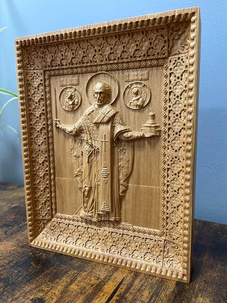 Saint Nicholas Wooden Carved Religious Icon Greek Orthodox Icons