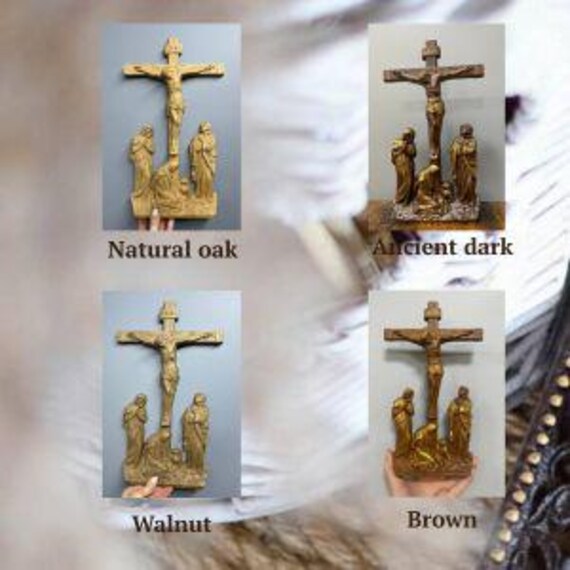 Croce Di Legno Fatta A Mano Con Gesù - Statua Religiosa Per Preghiera E Arredamento Casa, Color Borgogna