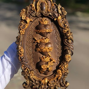 Holy Family  Three Sacred Hearts  Wall Mounted Art work from Natural wood 7x13 inches   Religious Gift Wooden ornament wooden picture