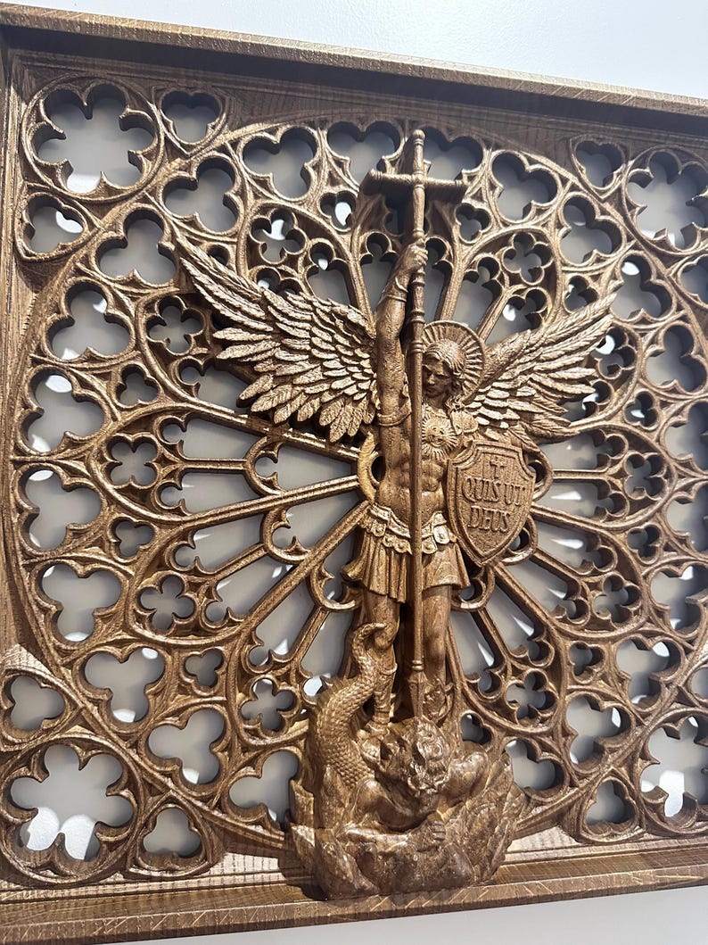 Archangel Michael Wood Carving - St Michael Wall Art, Christian Home Decor, Religious Gift, Oak Wood Decor image 16