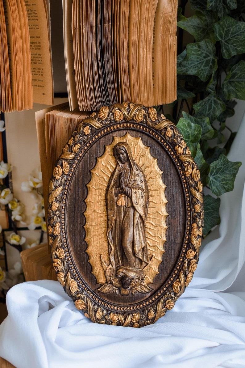Virgin Mary de Guadalupe Our Lady of Guadalupe Wood carved Religious catholic home decor Gift ideas for women, new mom 5th anniversary