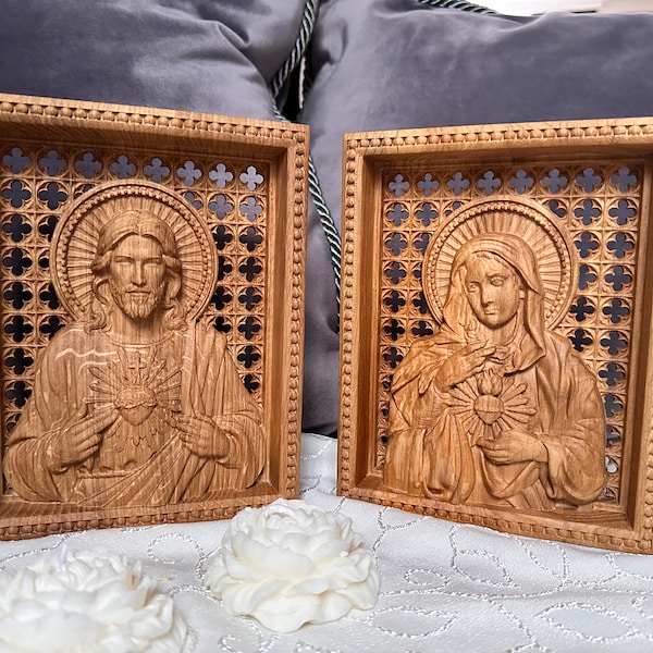 Sacred Heart of Jesus and Immaculate Heart of Mary Set of two Wooden panels  Wooden carved  statuary  6x7  inches  Religious gift