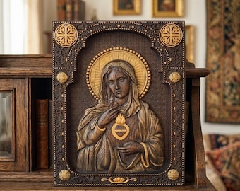 Immaculate Heart of Mary Wall Art – Catholic Gift for Mom, Hand Carved Religious Wood Icon