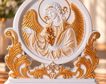 Archangel Gabriel Statue,  7x7'', Hand Carved Wooden Angel, Freestanding Catholic Decor, Christian Art, Religious Gift