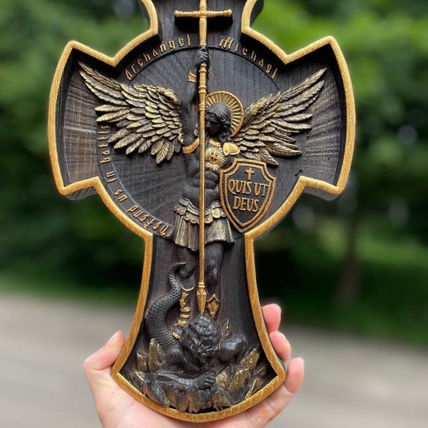 Geschnitzte Holz Erzengel Michael Wandtafel: Personalisierte Christian Home Decor, jede Größe, STEUER FREI