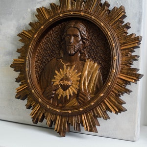 Icoon Heilig Hart van Jezus: christelijke muurkunst uit gesneden eikenhout, gepersonaliseerd, belastingvrij