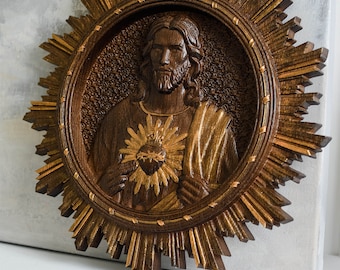 Sacred Heart of Jesus christian icon Our Lord Jesus Wooden carved religious wall art personalised Christmas  gift Artist Work TAX FREE