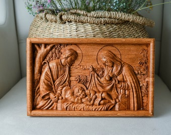 Christmas gift Personalized Holy family Nativity Wood Carved Religious Byzantine icon Wall mounted Art Work Christmas gift ideas