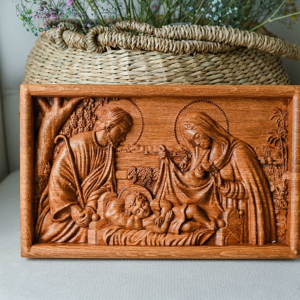 Christmas gift Personalized Holy family Nativity Wood Carved Religious Byzantine icon Wall mounted Art Work Christmas gift ideas