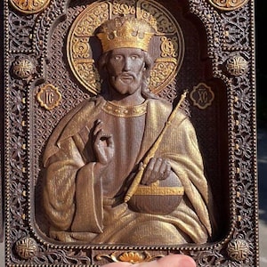 Hand Carved Oak Christ the Saviour Icon: Christian Gift Personalized, 8 colors, XS-XXL, TAX Free