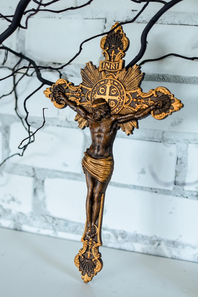 Wall crucifix Wooden Carved from European oak Home Decor - 6x11 inches - christian Fathers gift idea