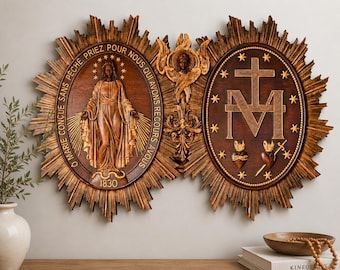 Miraculous Medal Wall Art - Immaculate Heart of Mary Decor, Catholic Wall Hanging, Wooden Religious Gift, Christian Home Decor