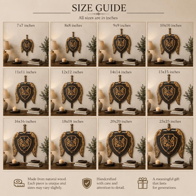 May include: A size guide chart displaying twelve variations of a black and gold shield wall hanging with a sword and wing motif. Sizes range from 7x7 inches to 25x25 inches, with text indicating the pieces are made from natural wood and handcrafted.