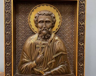 Icono de San Eugenio, arte religioso mural tallado en madera, regalo cristiano ortodoxo