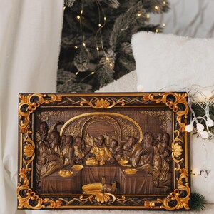Last Supper Oak Wood Carving, Religious Icon, Christian Gift image 4