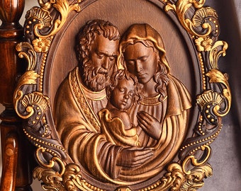 Personalized Holy Familly wall plaque  Custom made Christian Wood Carved  Wall mounted Art work Unique  Christmas gift  5th anniversary gift