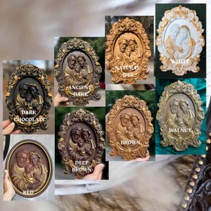 May include: A collection of oval-shaped relief plaques depicting a family, each with a decorative border. The plaques come in various colors, including dark chocolate, ancient dark, natural oak, white, deep brown, red, brown, and walnut.