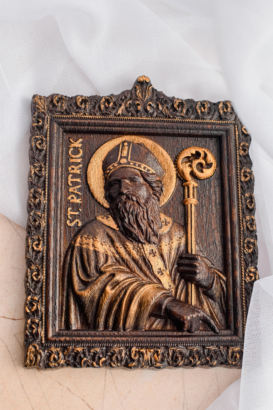 St. Patrick Religious Icon Pattern Saint Patrick Wooden Carved Icon: Personalized Religious Wall Art - Etsy
