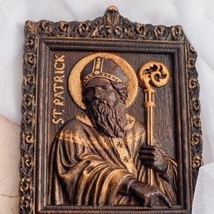 Saint Patrick Wooden Carved Religious  icon personalized gift Wall Hanging Art Work Home Decor