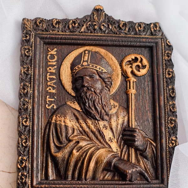 Saint Patrick Wooden Carved Religious  icon personalized gift Wall Hanging Art Work Home Decor