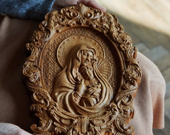 Blessed Virgin Mary icon Natural wood Any size Free engraving Christian  Carved Religious Wall Hanging Art work Unique  gift for mom