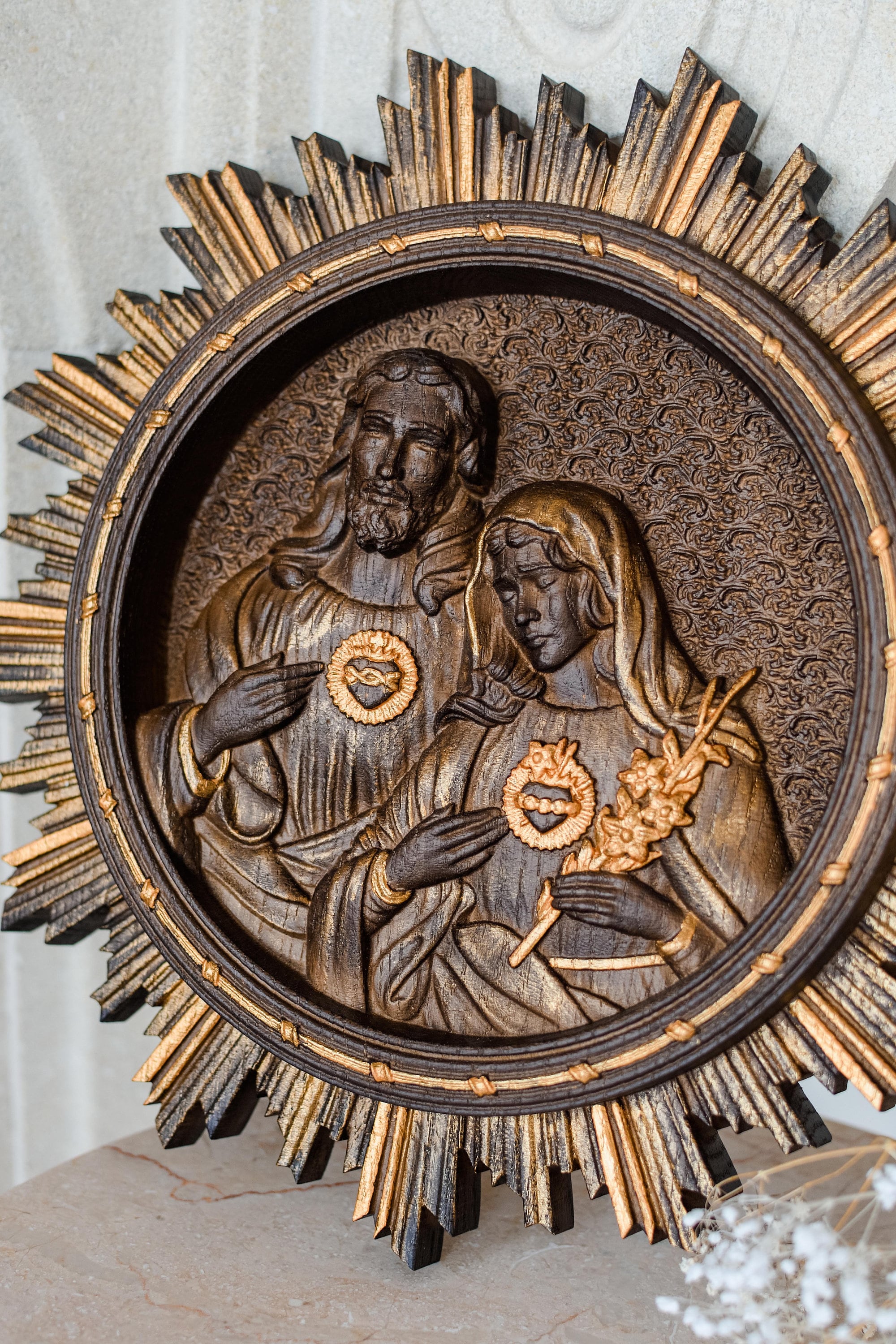 Sacred Heart of Jesus and Immaculate Heart of Mary  wooden carved wall picture - Different Colors - Any size -personalized gift TAX FREE